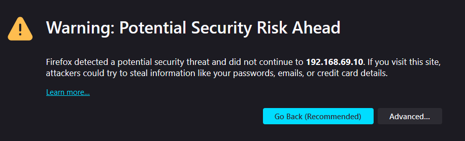 Firefox browser warning for self-signed certificate