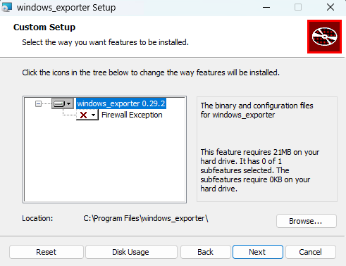 Windows Exporter MSI installer Custom Setup screen
