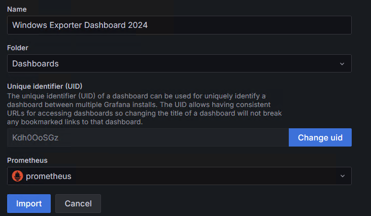 Grafana import dashboard dialog for Windows Exporter