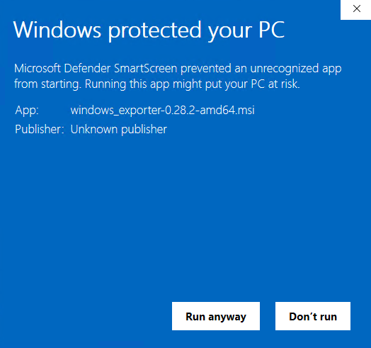Windows Defender SmartScreen warning dialog for windows_exporter
