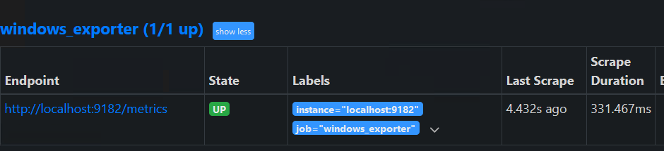 Prometheus targets page showing windows_exporter in UP state