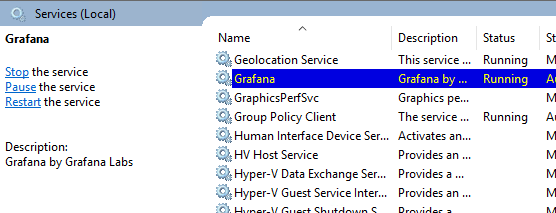 Windows Services manager showing Grafana service selected with status Running