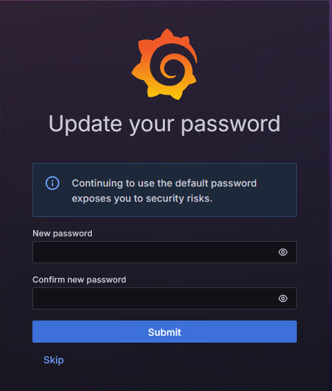 Grafana web interface showing the Update your password screen