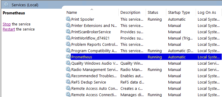 Windows Services console showing Prometheus service with status Running and Startup Type Automatic