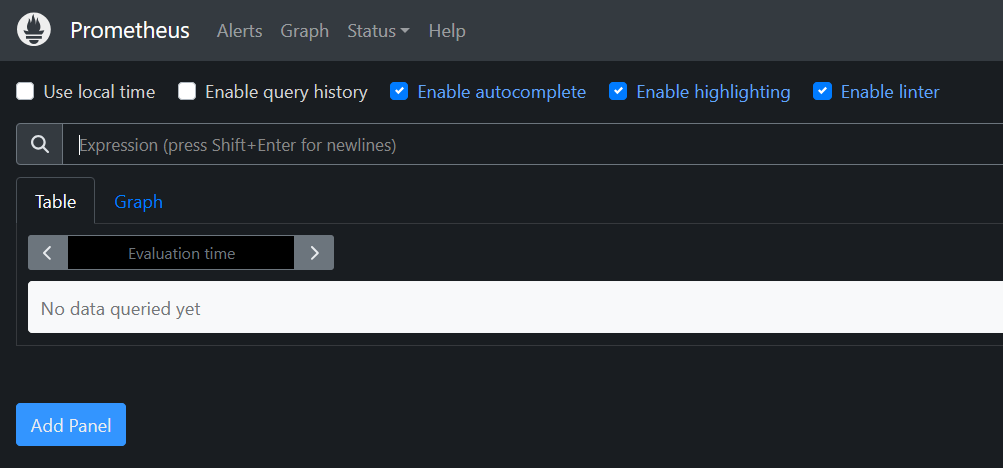 Prometheus web interface showing query expression input with No data queried yet