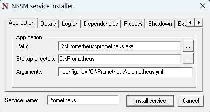 NSSM service installer window with Prometheus configuration