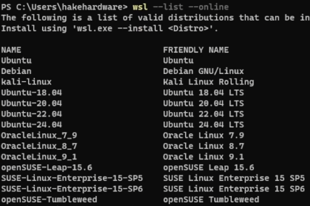 PowerShell showing available WSL distributions list