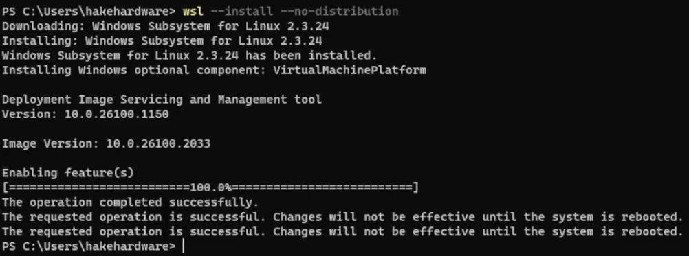PowerShell terminal showing WSL installation progress