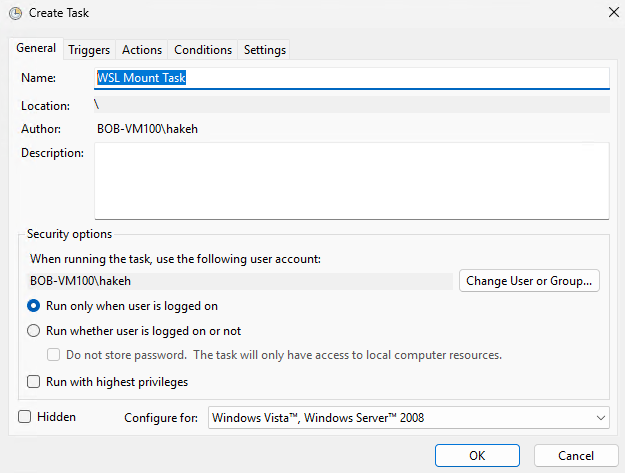 Task Scheduler Create Task dialog on General tab with WSL Mount Task name