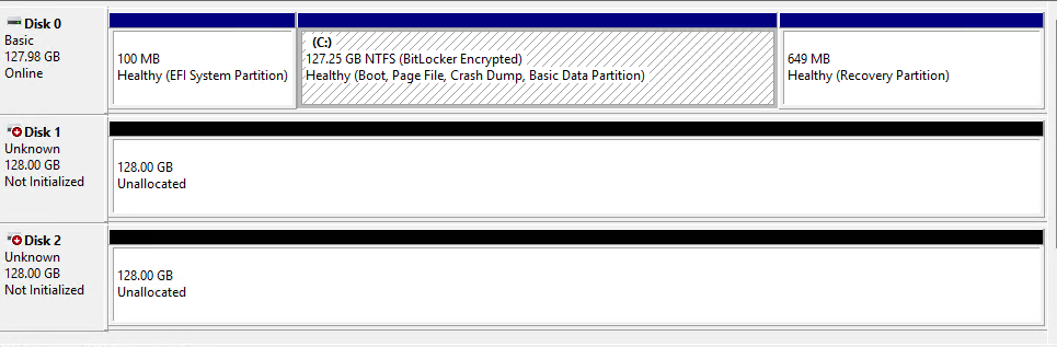 Windows Disk Management showing unallocated disks