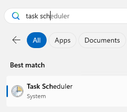 Windows search bar showing Task Scheduler as best match