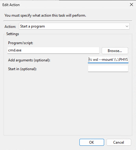 Task Scheduler Edit Action dialog with cmd.exe and wsl mount command