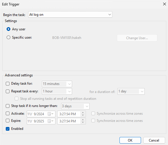 Task Scheduler Edit Trigger dialog set to At log on