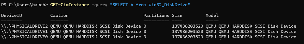 PowerShell terminal showing GET-CimInstance Win32_DiskDrive output listing physical drives